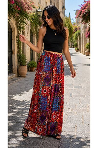 THEBEK Viscose Basic High Waist Wide Leg Lace-Up Women's Trousers Dasanli
