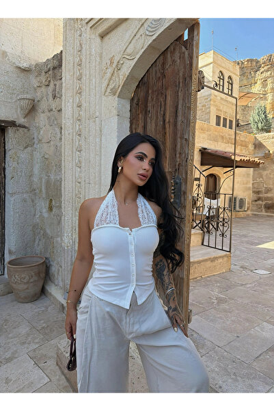 kırmızı butiks Λευκό Crop Top με Κορδόνια στο Λαιμό και Κουμπιά