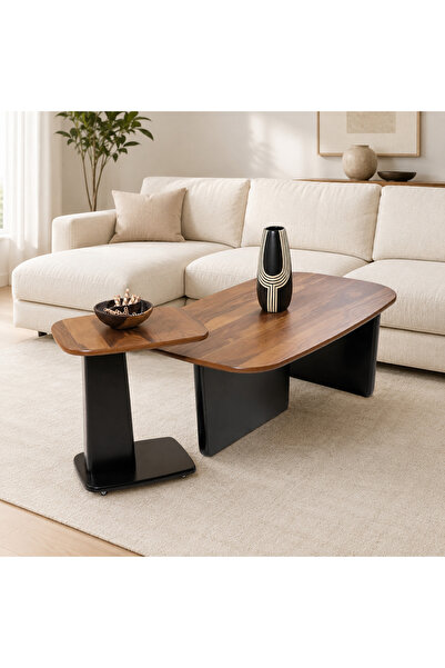 Ganni Home Toscana 2’li Orta ve Zigon Sehpa Seti Ceviz – Siyah, Modern Asimet...