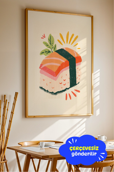 Renkli Sushi İllüstrasyonu Somon Nigiri Japon Mutfağı Temalı Modern Mutfak Duvar Dekoru Poster (Çerçevesiz)