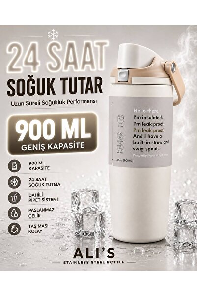 Alis Ali’s 900 ML Pipetli Paslanmaz Çelik Termos 24 Saat Soğuk Tutan Sızdırma...