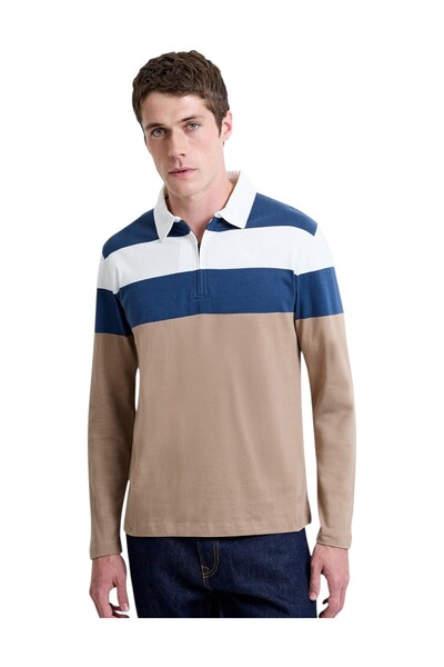 French Connection Men Striped Zipperd Polo Long Sleeve