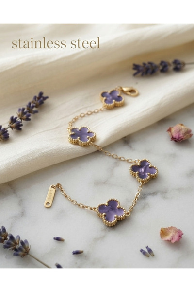 stainless steell 316L Steel Gold Color Purple Pearlescent Clover Model Bracelet