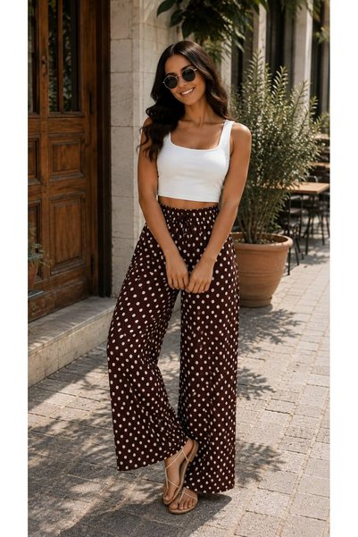 THEBEK Viscose Basic High Waist Wide Leg Lace-Up Women's Trousers Dasanli