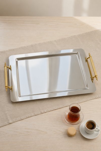 Enza İznik Paslanmaz Çelik Çay Kahve Kahvaltılık Ve Sunum Tepsisi Dikdörtgen 48 x 20 Cm