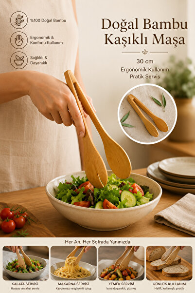 Ercazzo Natural Bamboo Kitchen Tongs 30 cm Serving Tongs with Spoon for Salad...