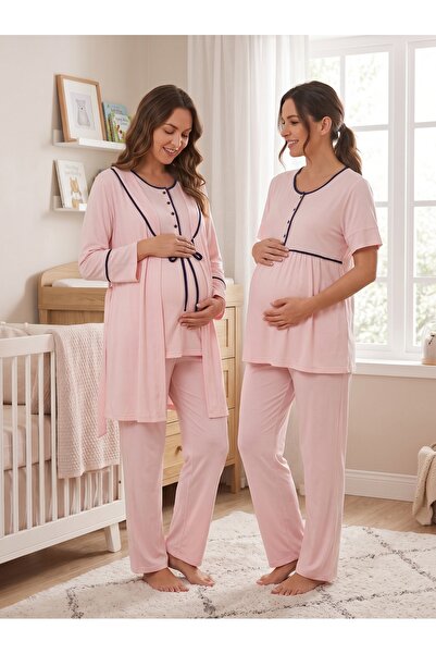 Hamile Lohusa 3’lü Pijama Takımı Sabahlıklı Biyeli Emzirme Özellikli Pembe