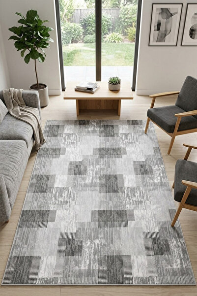 Raschel Carpet Premium Yıkanabilir Leke Tutmaz Modern Gri Özel Seri Kaymaz Ta...
