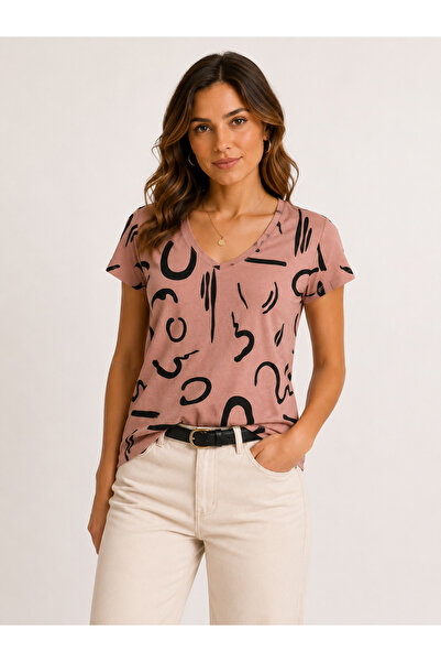 PROLET Women's V-Neck Short Sleeve Modern Patterned T-Shirt