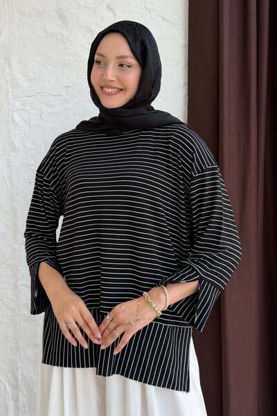 Modaensarbutik Çizgili Bisiklet Yaka Oversize Sweatshirt-SİYAH