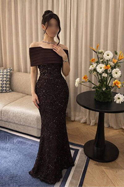 Calissa Store Chocolate Brown Off Shoulder Mermaid Sequined Evening Dress