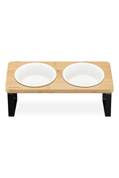 Navaris Set de boluri pentru hrănirea pisicilor și câinilor, 2 boluri ceramice de 750 ml, suport înclinat din metal și bambus, antiderapant.