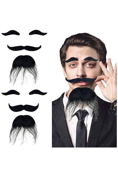pınaxar Black Color Self-Adhesive False Beard, Mustache and Eyebrow Set