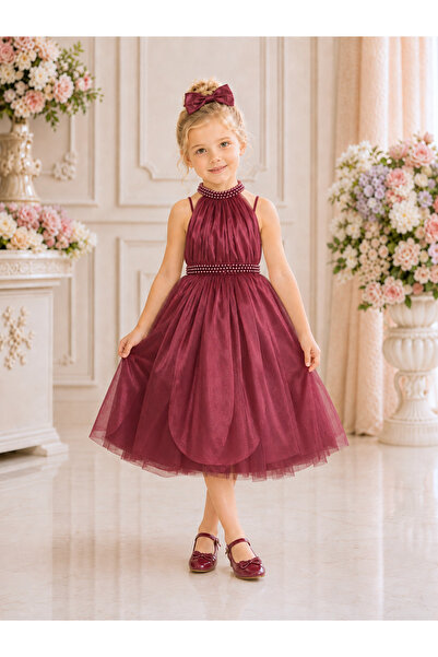 TREEMASS 263 Girls' Tulle Evening Dress with Pearl Detail