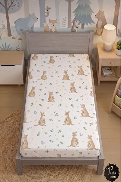 Talia Home Cute Kangaroo Patterned 100% Cotton Organic Elastic Bed Sheet 100X...