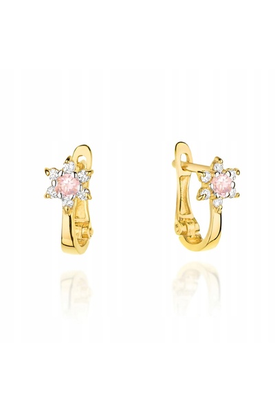 NO BRAND Cercei de aur cu zirconii roz, design floral, 585