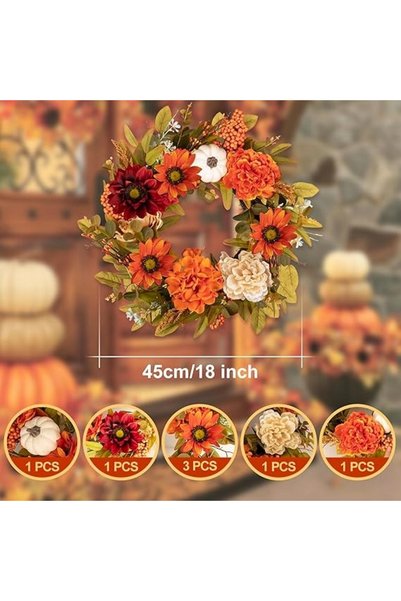 NO BRAND Coroană decorativă de toamnă pentru ușă, cu dovleac și floarea-soare...