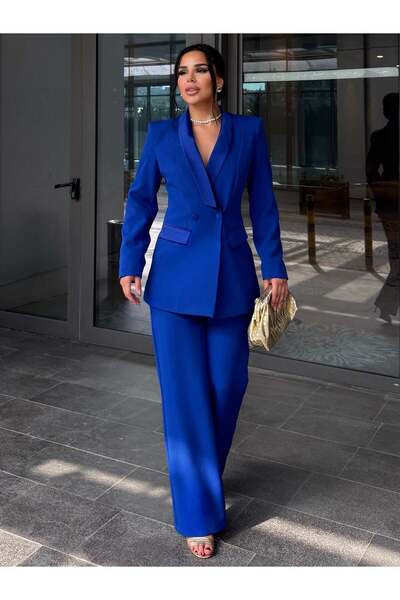 bykadriyeyılmaz Gigi Saten Collar Detailed Double Suit Cobalt Blue