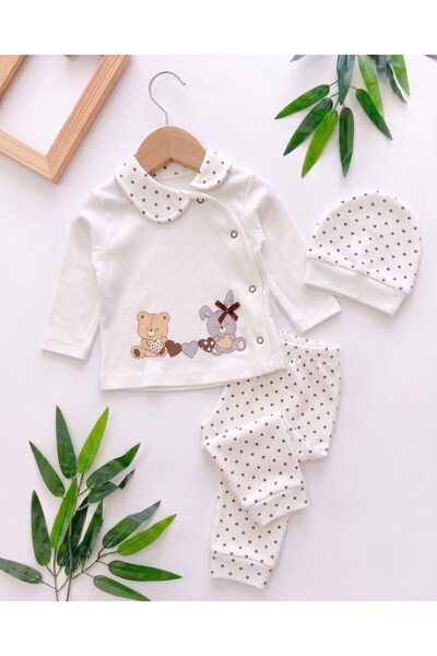 Ege Bebek Baby Girl Polka Dot Teddy Bear Printed Hat 3-Piece Newborn 0-3 Mont...