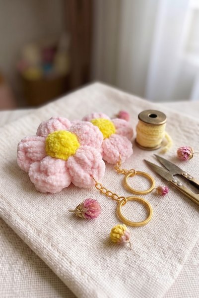 Lorivelle Set of 2 Hand Knitted Fluffy Flower Bag Ornaments and Keychains - Macrame Charm