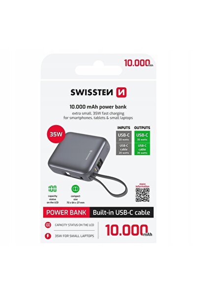 NO BRAND SWISSTEN Powerbank cu ecran LCD, compact, 10000 mAh, 35W, cablu USB-C