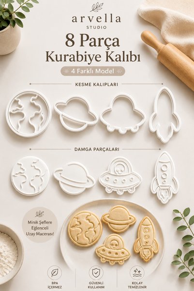 Arvella Studio Space Themed 8 Piece Cookie Mold Set |   4 Different Model Cutting and Stamping Dies |   Dough Mold - Space