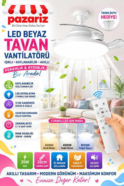 pazariz LED Beyaz Akıllı Tavan Vantilatörü | Katlanabilir Gizli Kanat, 3 Hız, 3 Renk LED, 3000K-8000K, Sessiz Çalışma, Uzaktan Kumanda, Zamanlayıcı, 35W, 25 cm Modern Tasarım + Tavan Duyu Hediye