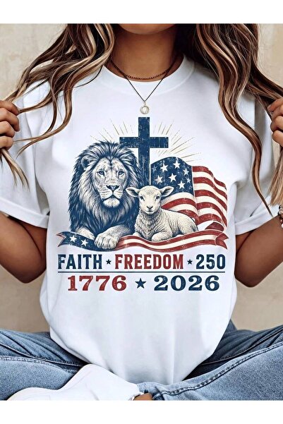 k222 Plus Size - Women's Faith Freedom 250 Graphic T-Shirt, Lion Lamb Cross A...