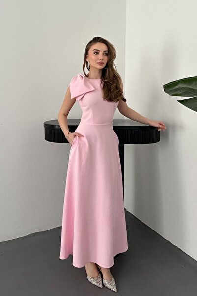 SEREMONİ BUTİK Pembe OMUZ FİYONKLU ELBİSE
