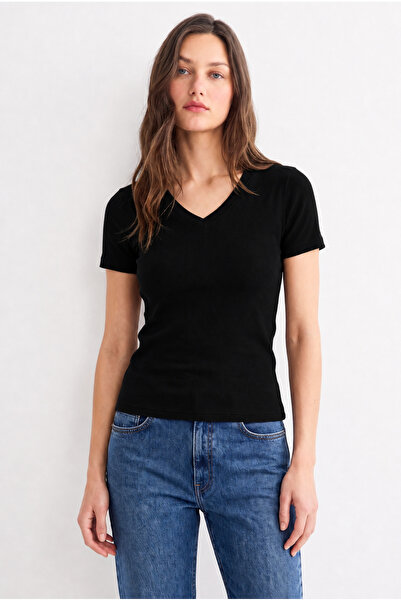 UNIQVIBE Organic Cotton Black Women's Ribbed V-Neck T-Shirt