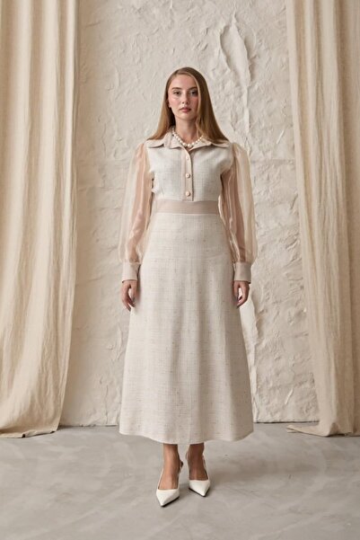 Elbee Fashion Woman Beige Sleeve Organza Garnished Dress