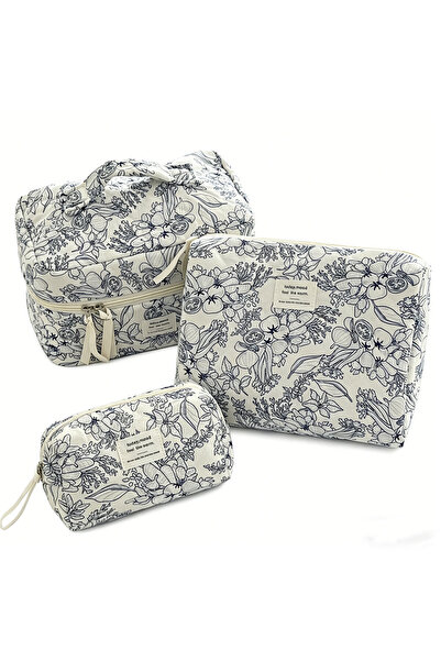 Choice3 3PCS Vintage Flower Women Cosmetic Bag Portable Quilted Cotton and So...