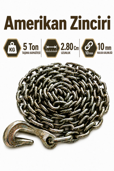 Badem10 5 Ton Amerikan Zinciri 2.80 Metre 10 Mm Eğri Kancalı Yük Taşıma Sabit...