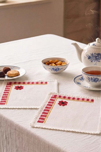 Rivaİstanbul Pink Floral Patterned Handmade 2-Piece Presentation Napkin 14X14 cm