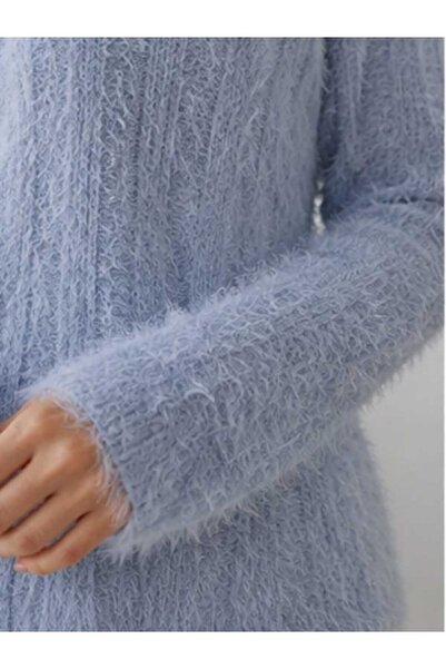BELLA VESTE ATELİER Women's Bearded Knitwear Sweater Crew Neck Long Sleeve Soft Plush Textured Casual Sweater