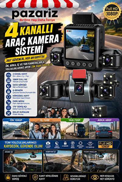 pazariz 4 Kameralı Araç Kamera Sistemi 1080P Full HD Dash Cam Ön Arka İç Kayıt 360° Güvenlik Gece Görüşü G-Sensör Park Modu ve Döngüsel Kayıt DVR Kamera Otomobil ve Ticari Araçlar İçin 12-24 Uyumlu