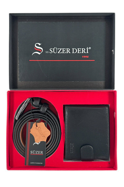 Süzer Deri 100% Genuine Leather Belt and Wallet Gift Set with Special Box Bla...