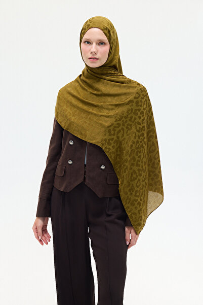 cs camellia scarf Ιταλικό σάλι ζακάρ με σχέδιο λεοπάρ - Πράσινο λαδί