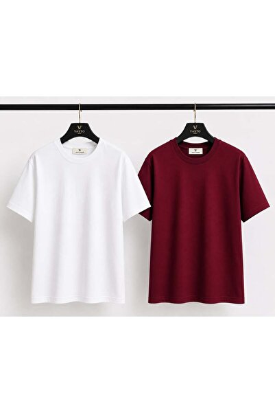 Vasto Moda Beyaz - Bordo 2'li Erkek Oversize Tişört