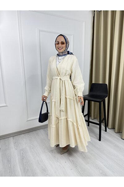 Sovel 4496 Muslin Fabric Tassel Detailed V-Neck Layered Dress