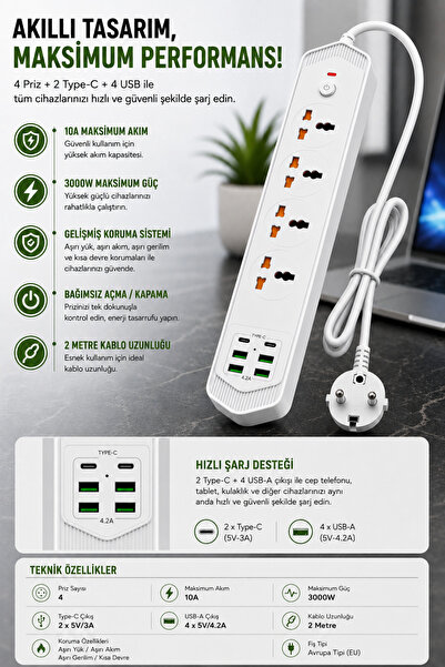SMAYLİNG 4’lü Akım Korumalı Evrensel Priz 3000W 10A, 2 Type-C + 4 USB-A, 2 Me...