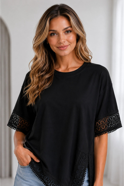 MetuCA Women's Black Guipure Lace Detailed Asymmetrical Cotton Modal Blouse T...