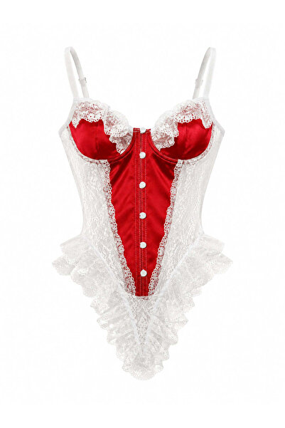 capella by p Lilith Beyaz Dantelli Kırmızı Bodysuit