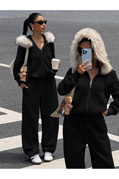 Gofeel Fur Hooded Zippered Oversize Tracksuit Set