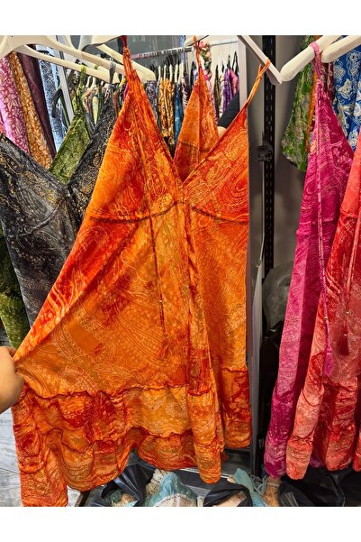 laviyonsa İpek fırfır detaylı varaklı ebruli Otantik mini elbise STD 36-42