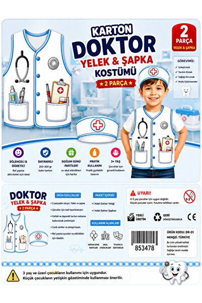 GREATOY Çocuk Doktor Kostümü Yelek ve Şapka 2 Parça Kalın Kağıt Meslek Kostüm...