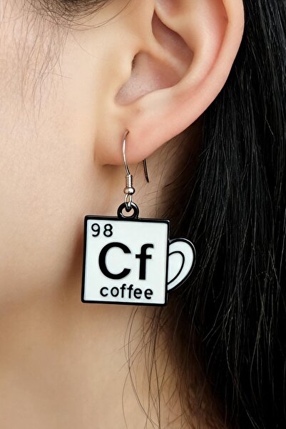 Fildişi Aksesuar Coffee Cf Shaped Enamel Women's Earrings Double Piece Handma...