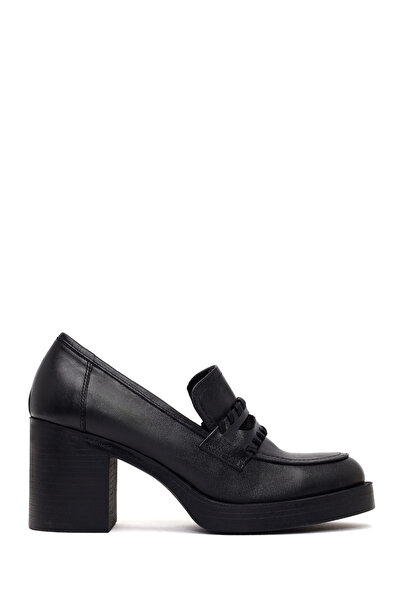 Derimod Women's Black Thick Heeled Leather Loafer Af190043Dv