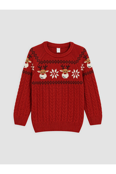 LC Waikiki Red new year's themed boy's knitted sweater
