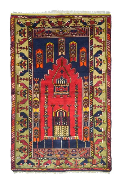 KilimCo. Vintage Yahyalı El Dokuma Halısı, Cami Silüetli Mihrap Desenli 140x2...